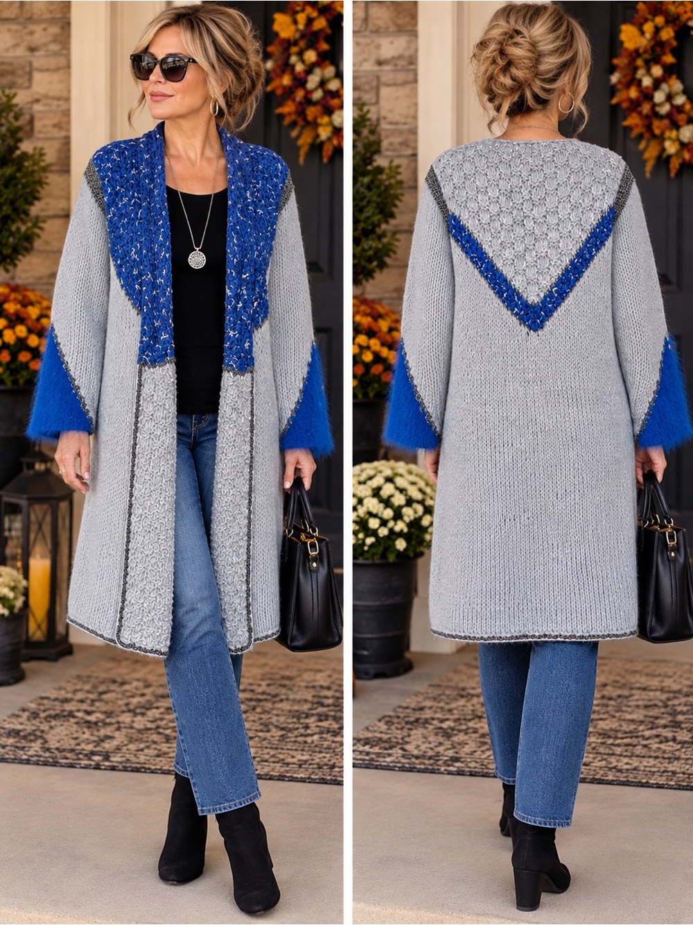 Hand knit statement sweater coat S/M gray blue silver metallic, dark & light